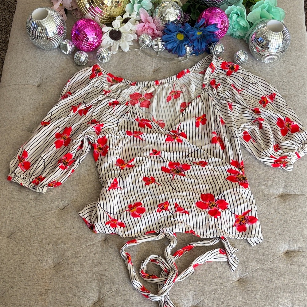 Billabong White Striped Top with Red Floral Print Wrap Top